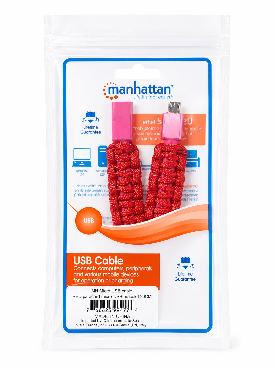 Bracciale Paracord con Micro USB Rosso - Manhattan ICOC MUSB-BRACR