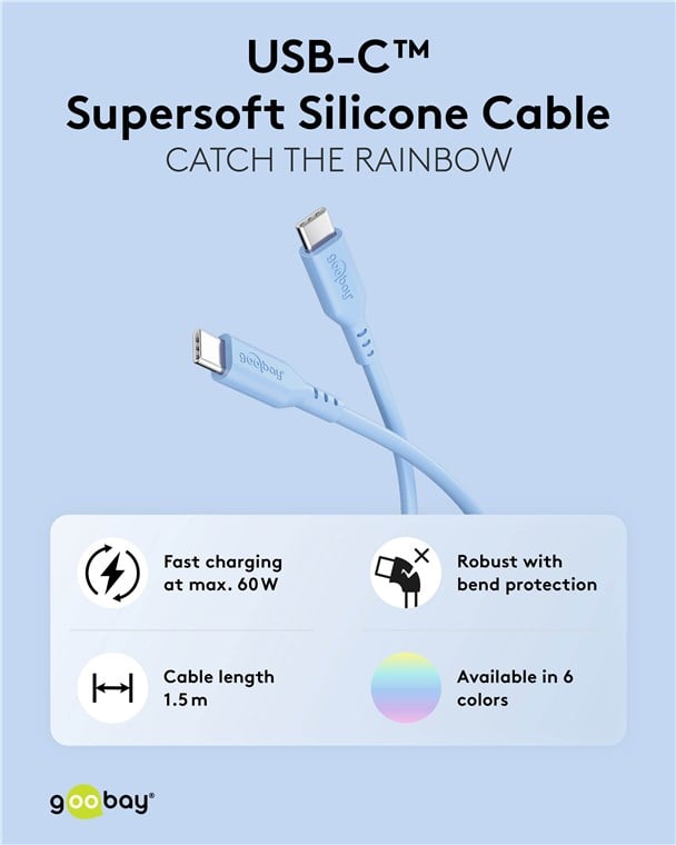 USB-C Male/Male USB 2.0 cable in Silicone 1,5m Light Blue - Goobay ICOC MUSB20-C615SB
