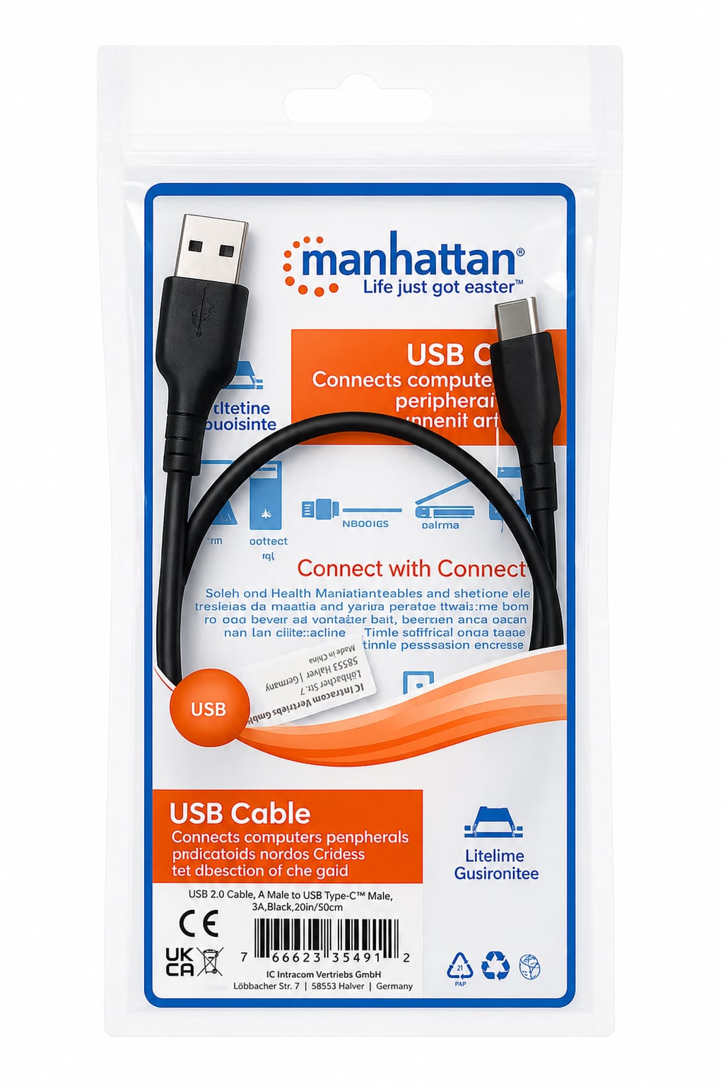 Cavo HiSpeed USB A Maschio / USB-C Maschio 0,5m Nero - Manhattan ICOC MUSB20-CMAM05
