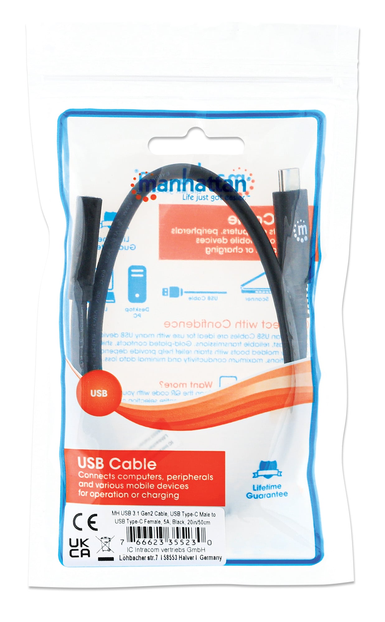 Cavo prolunga USB 3.2 Gen 2 SuperSpeed+ USB-C™ Maschio/Femmina 0,5m Nero - Manhattan ICOC MUSB31-CMCF05
