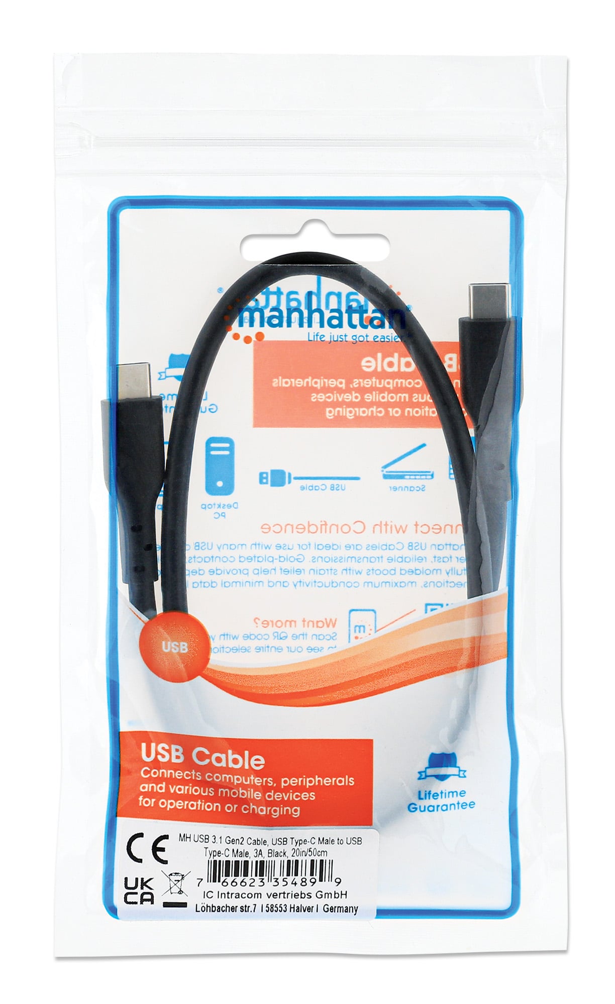 Cavo USB-C™ Maschio/Maschio USB 3.2 Gen2 SuperSpeed 0,5m Nero - Manhattan ICOC MUSB322-CMCM05M
