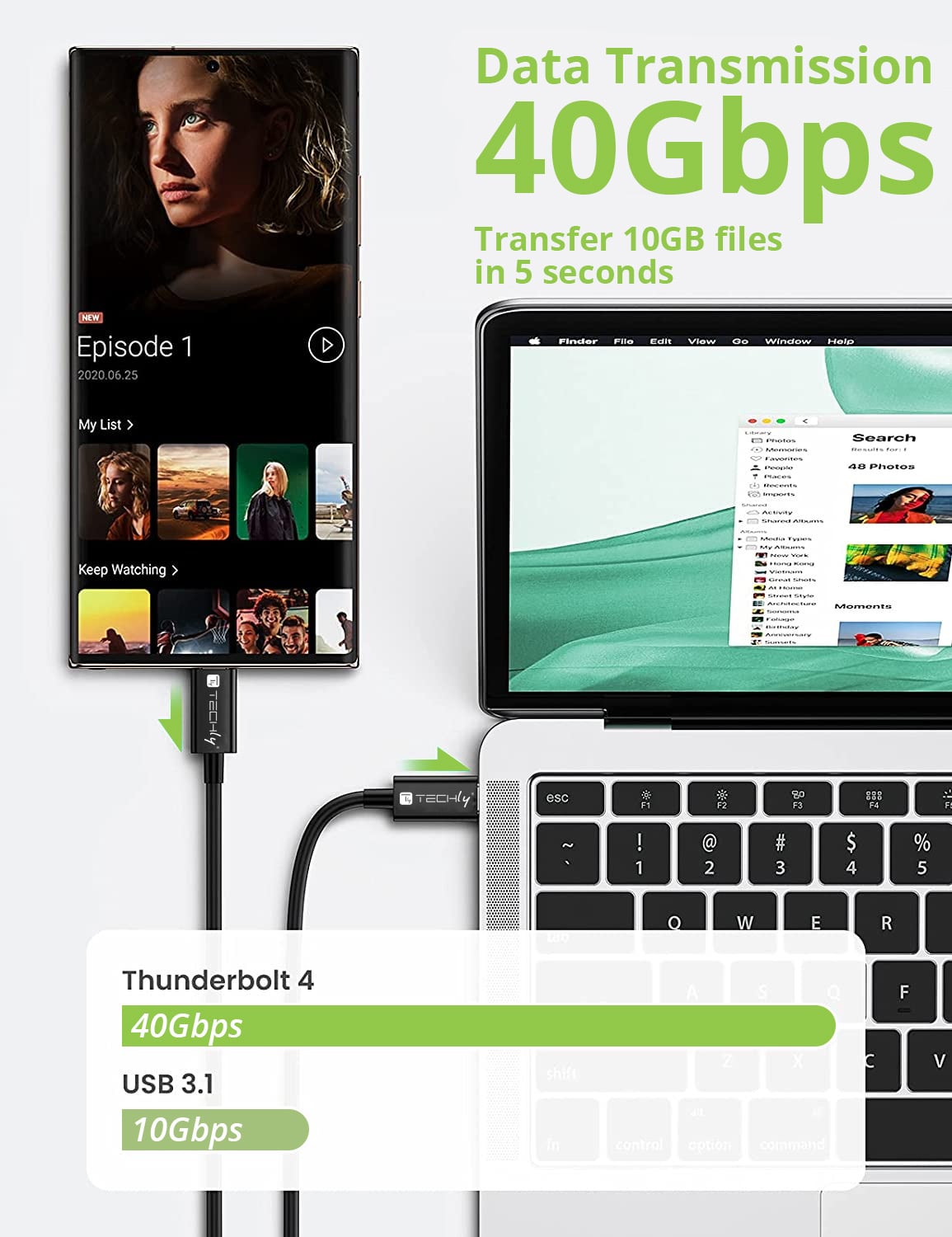 Cavo USB 4 Gen 3 Type-C™ Thunderbolt M/M E-Mark 8K 40Gbps 100W PD 0,8m Nero - Techly ICOC MUSB40-CMCM08