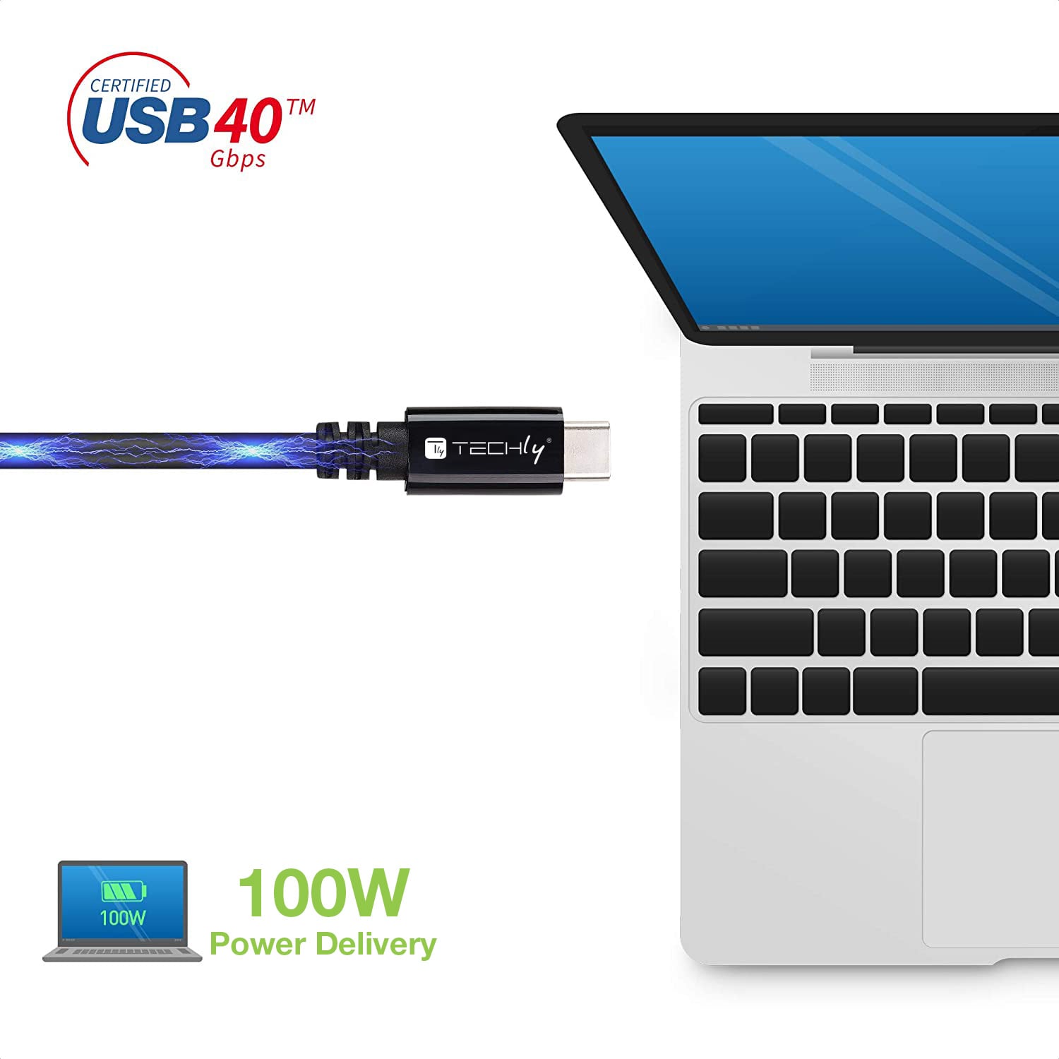 Cavo USB 4 Gen 3 Type-C™ Thunderbolt M/M E-Mark 8K 40Gbps 100W PD 0,8m Nero - Techly ICOC MUSB40-CMCM08