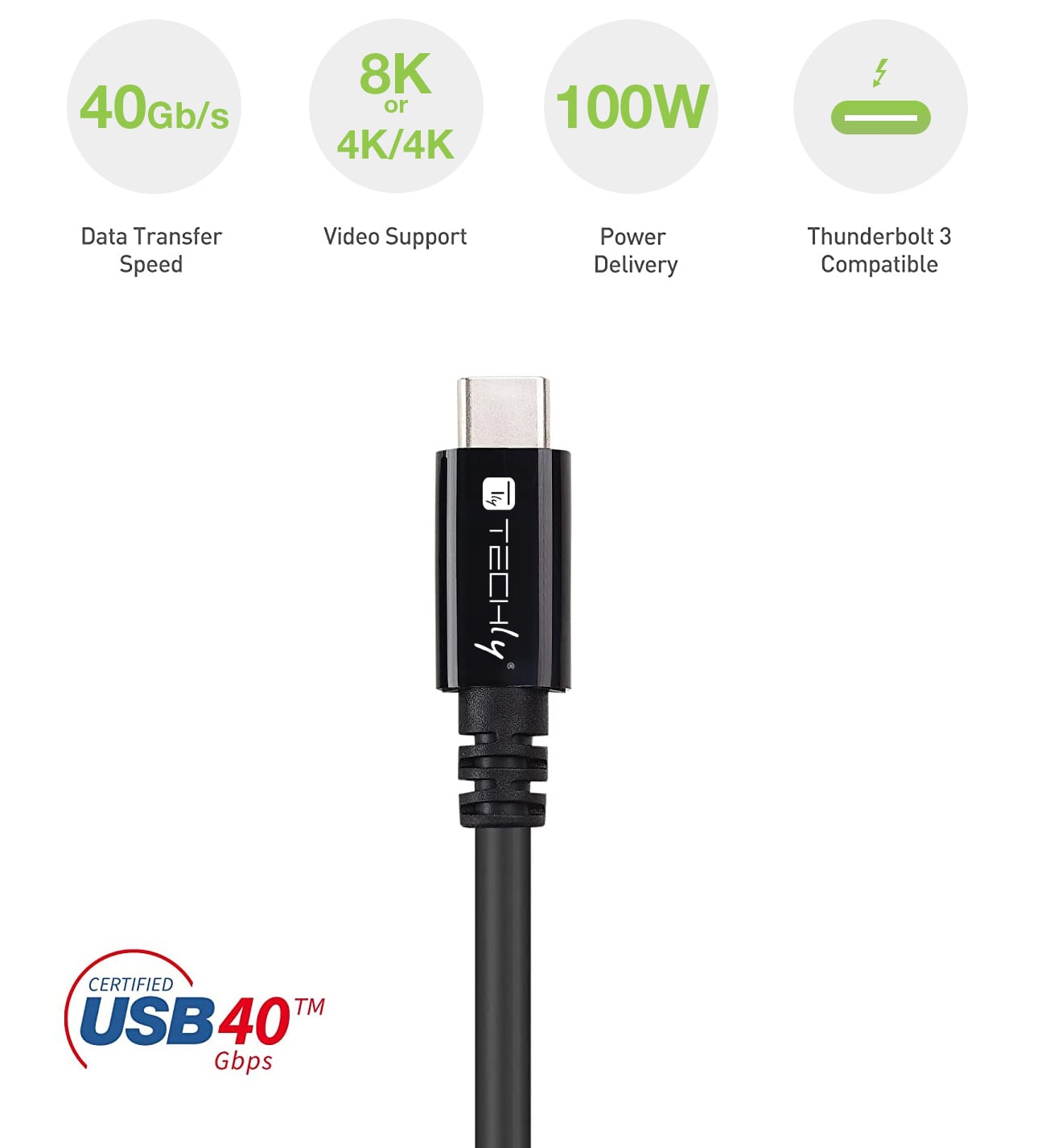 Cavo USB 4 Gen 3 Type-C™ Thunderbolt M/M E-Mark 8K 40Gbps 100W PD 0,8m Nero - Techly ICOC MUSB40-CMCM08