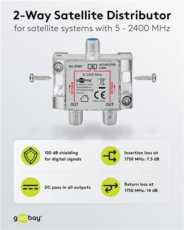Splitter 2 vie per satellite 100 db, 1750 Mhz - Goobay ICOC SAT-SPL2