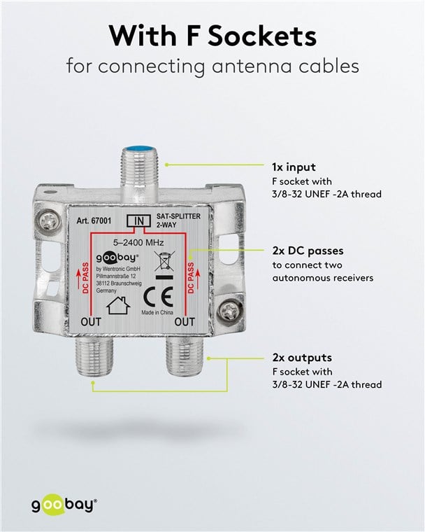 Splitter 2 vie per satellite 100 db, 1750 Mhz - Goobay ICOC SAT-SPL2