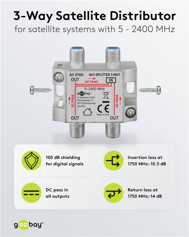 Splitter 3 vie per satellite 100 db, 1750 Mhz - Goobay ICOC SAT-SPL3