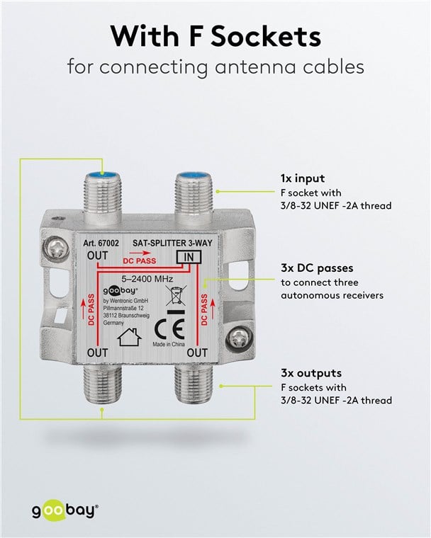 Splitter 3 vie per satellite 100 db, 1750 Mhz - Goobay ICOC SAT-SPL3