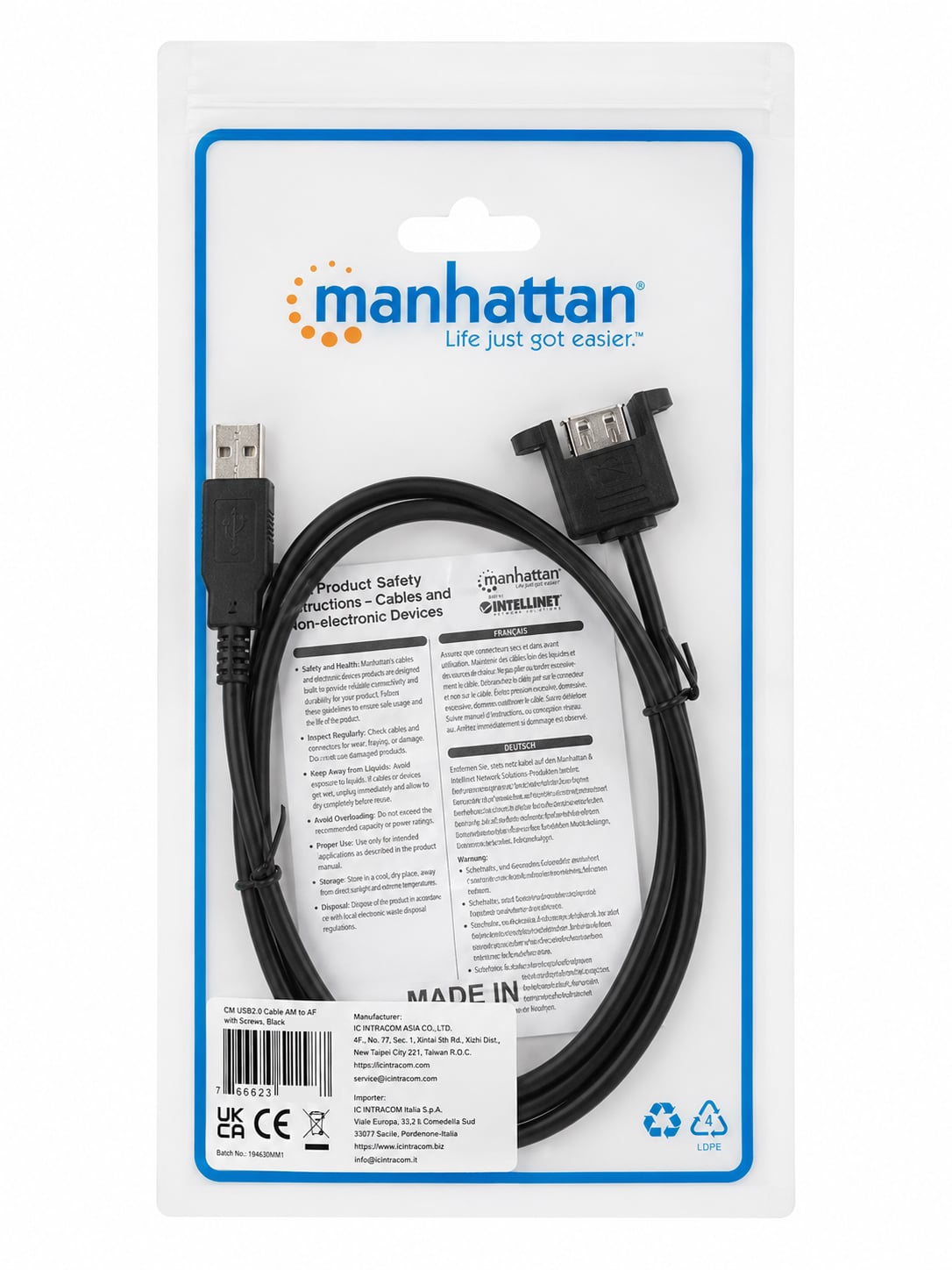 Cavo USB 2.0 A Maschio/A Femmina da Pannello 1,8m - Manhattan ICOC U-AB-018-PNL