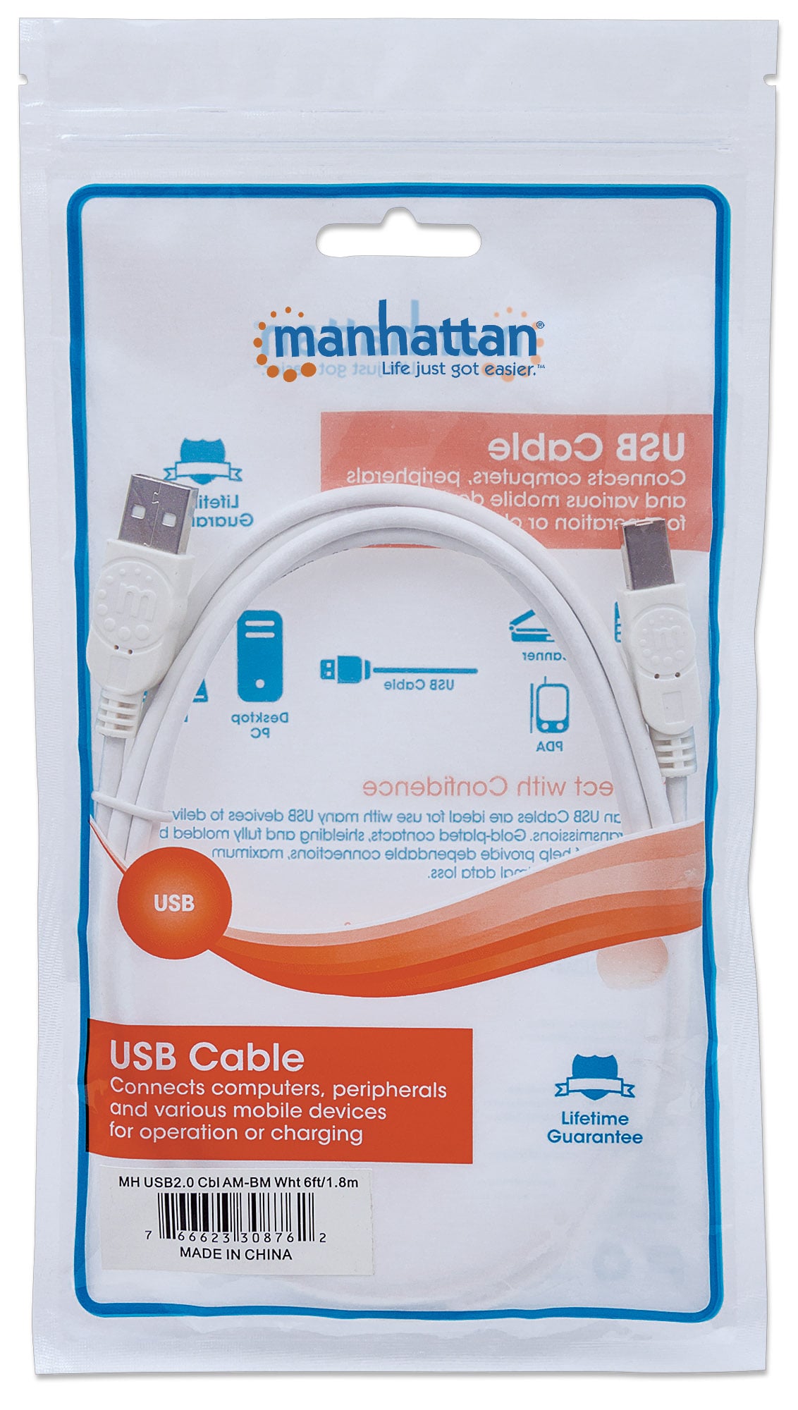 Cavo USB 2.0 A maschio/B maschio 3m Bianco - Manhattan ICOC U-AB-030-U2W