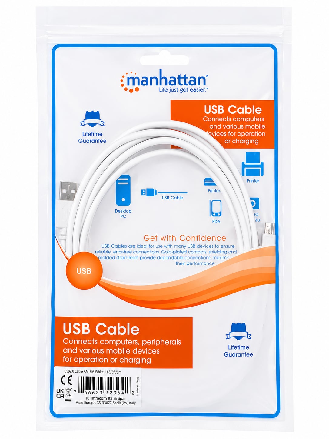 Cavo USB 2.0 A maschio/B maschio 5m Bianco - Manhattan ICOC U-AB-050-U2W