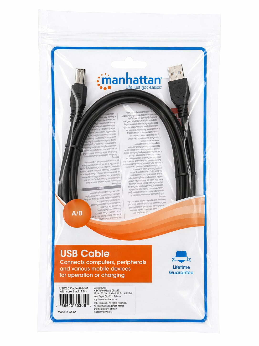 Cavo USB 2.0 A M / B M 1.8m con Ferrite Doppia Schermatura Nero - Manhattan ICOC U-AB-18-U2-FBK