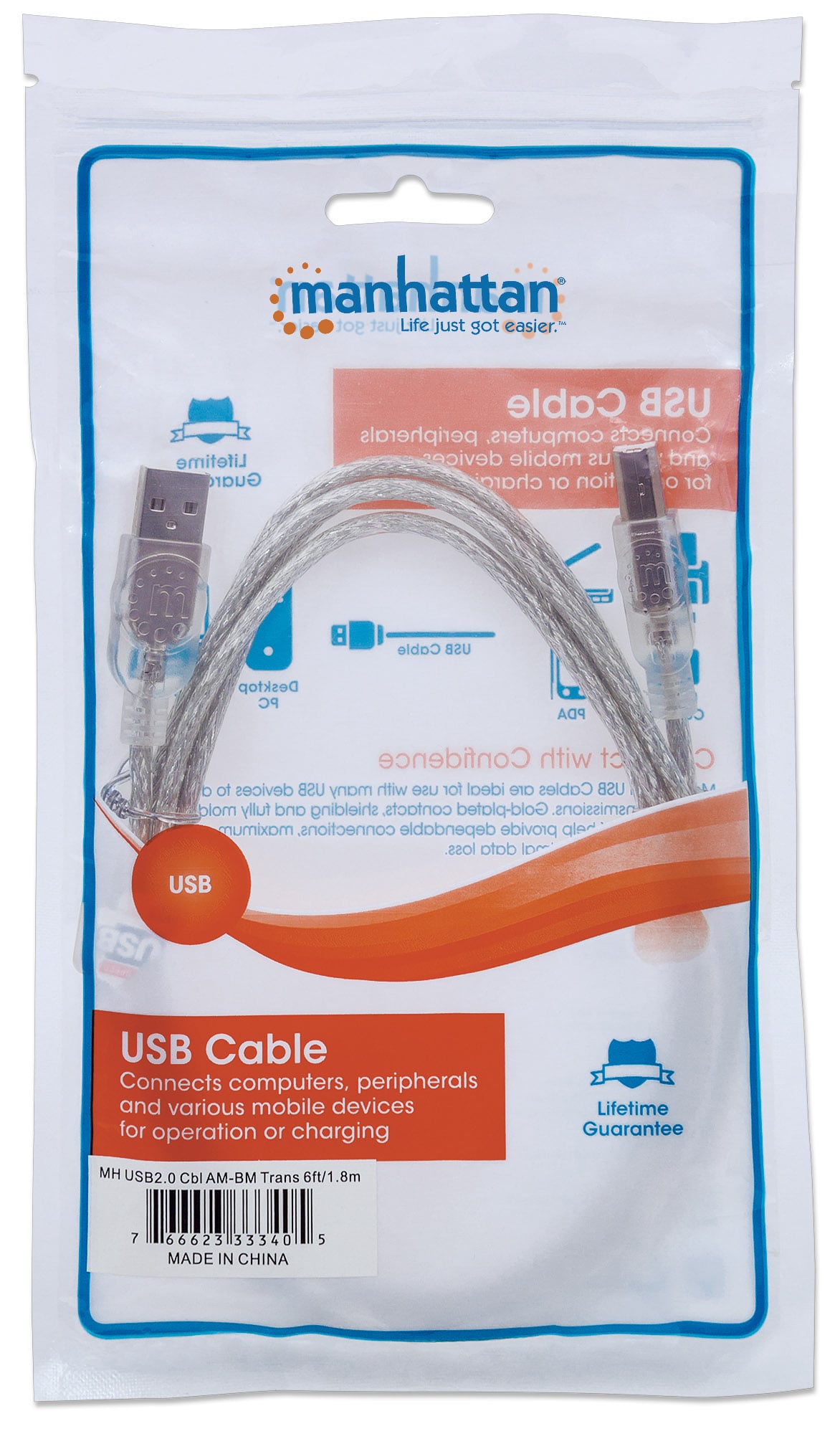 Cavo USB 2.0 A maschio/B maschio 1.8m trasparente - Manhattan ICOC U-AB-20-U2SIL