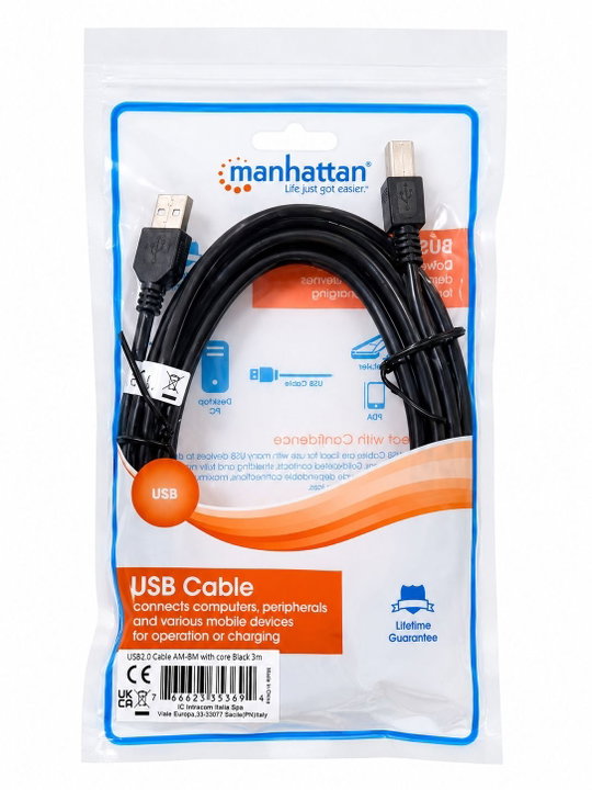 USB cable 2.0 A M / B M 3 m with Ferrite Double Shielding Black - Manhattan IOC U-AB- 30 -U 2 -FBK