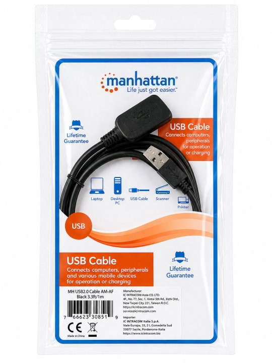 Cavo prolunga USB 2.0 Hi-Speed 1m Nero - Manhattan ICOC U2-AA-10-EX