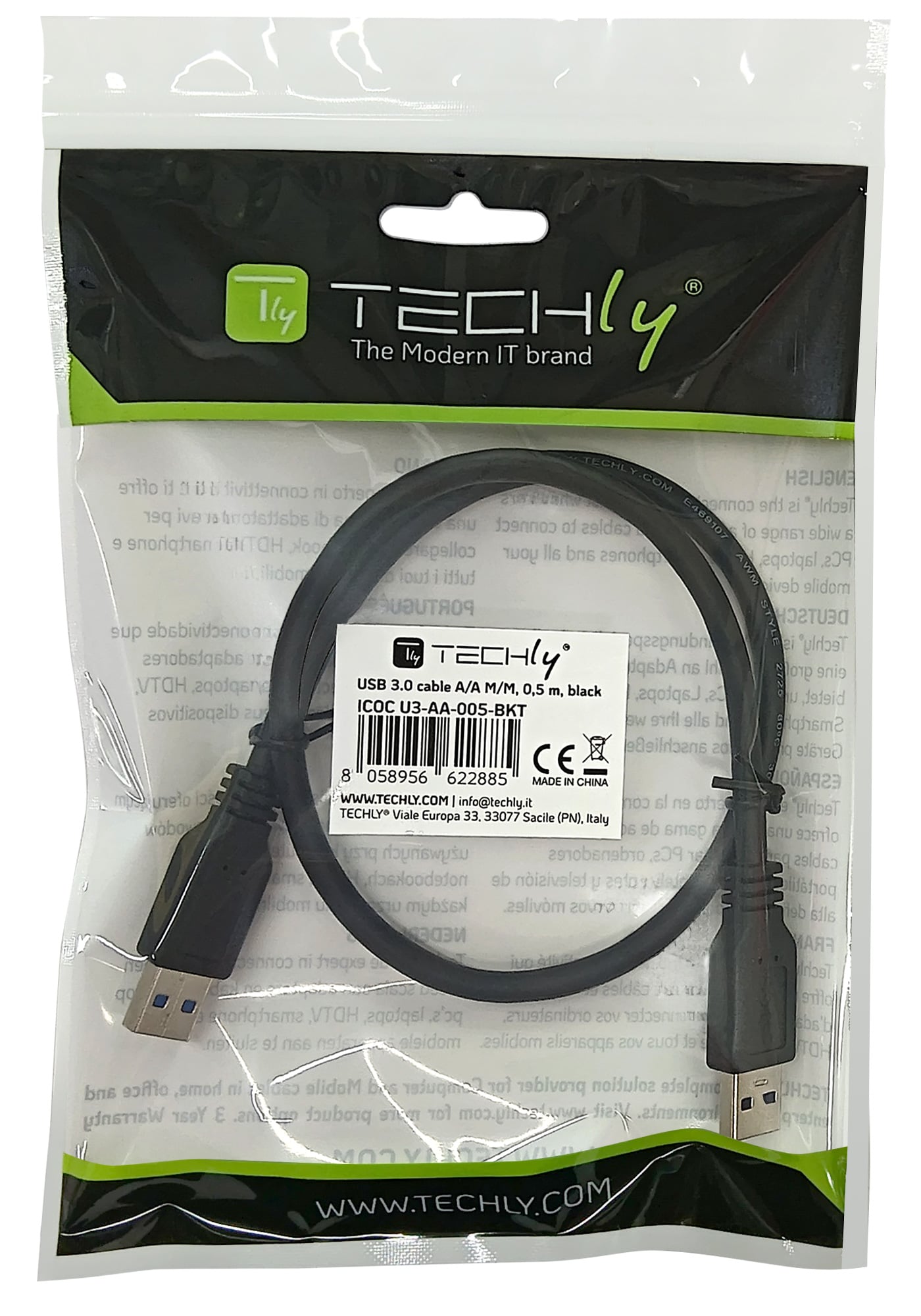 Cavo USB 3.2 A maschio/A maschio 0,5m Nero - Techly ICOC U3-AA-005-BKT