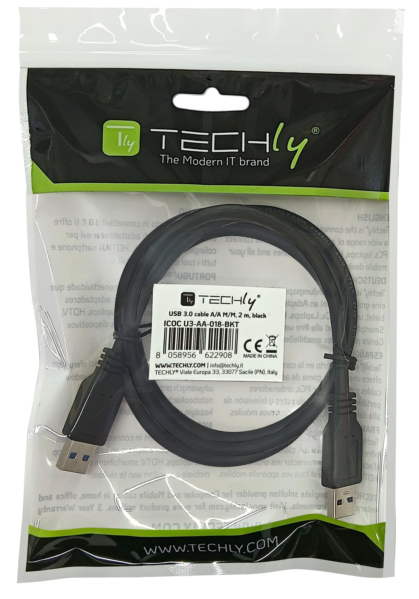 Cavo USB 3.2 A maschio/A maschio 2m Nero - Techly ICOC U3-AA-018-BKT