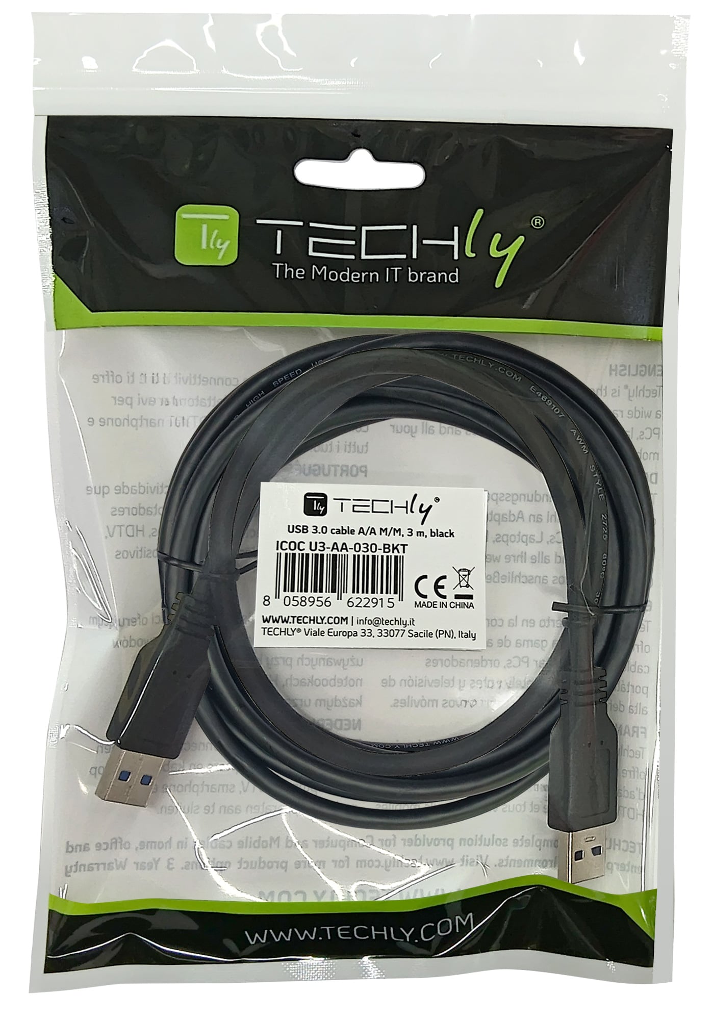 3.2 USB Cable A male/A male 3 m Black - Techly ICOC U 3 -AA- 030 -BKT