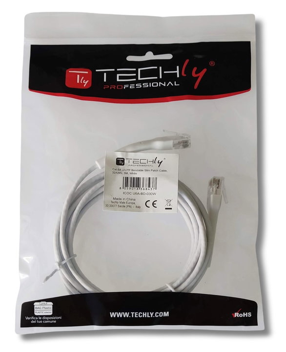 Cavo Slim Patch Rete Cat6A U/UTP 2m Bianco - Techly Professional ICOC U6A-BD-020W