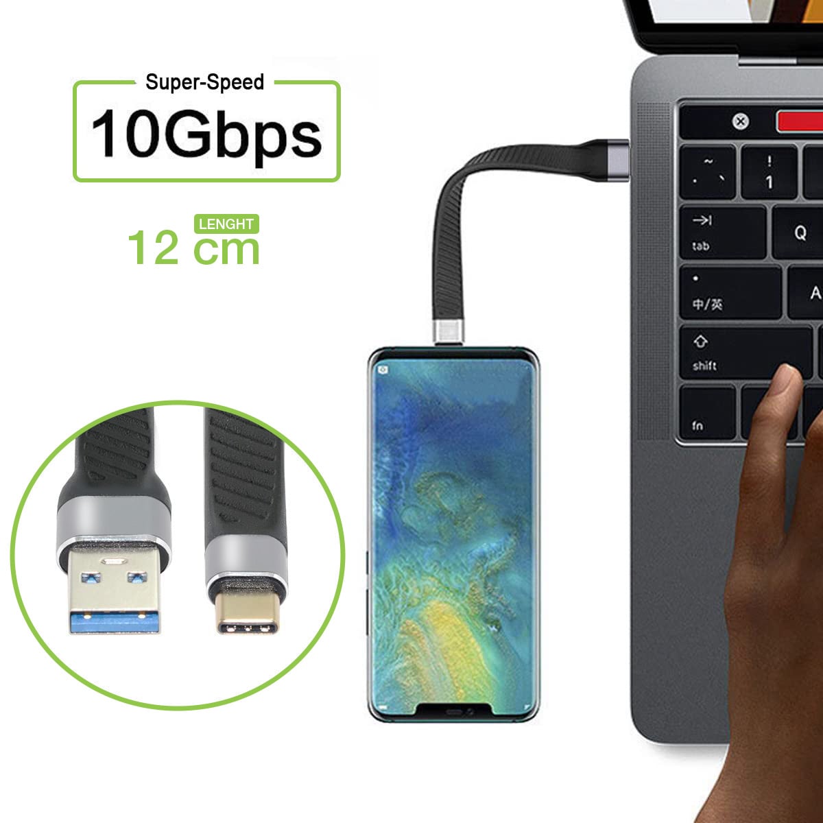 Cavo Corto Piatto USB-C™ Maschio a USB-A Maschio Ricarica Rapida FPC 12 cm - Techly ICOC USBC-FL-U322