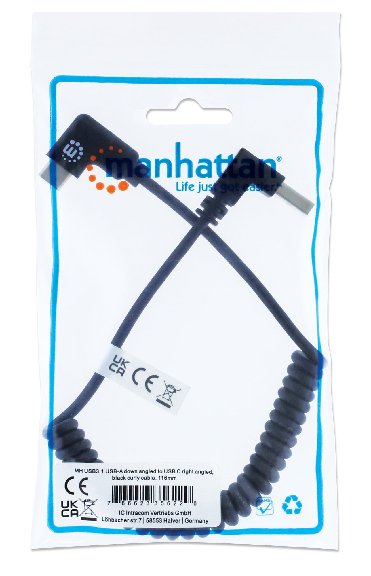 USB-A charging cable to USB-C 1 m Spiraled Black - Manhattan ICOC-USB-CHAC-SP