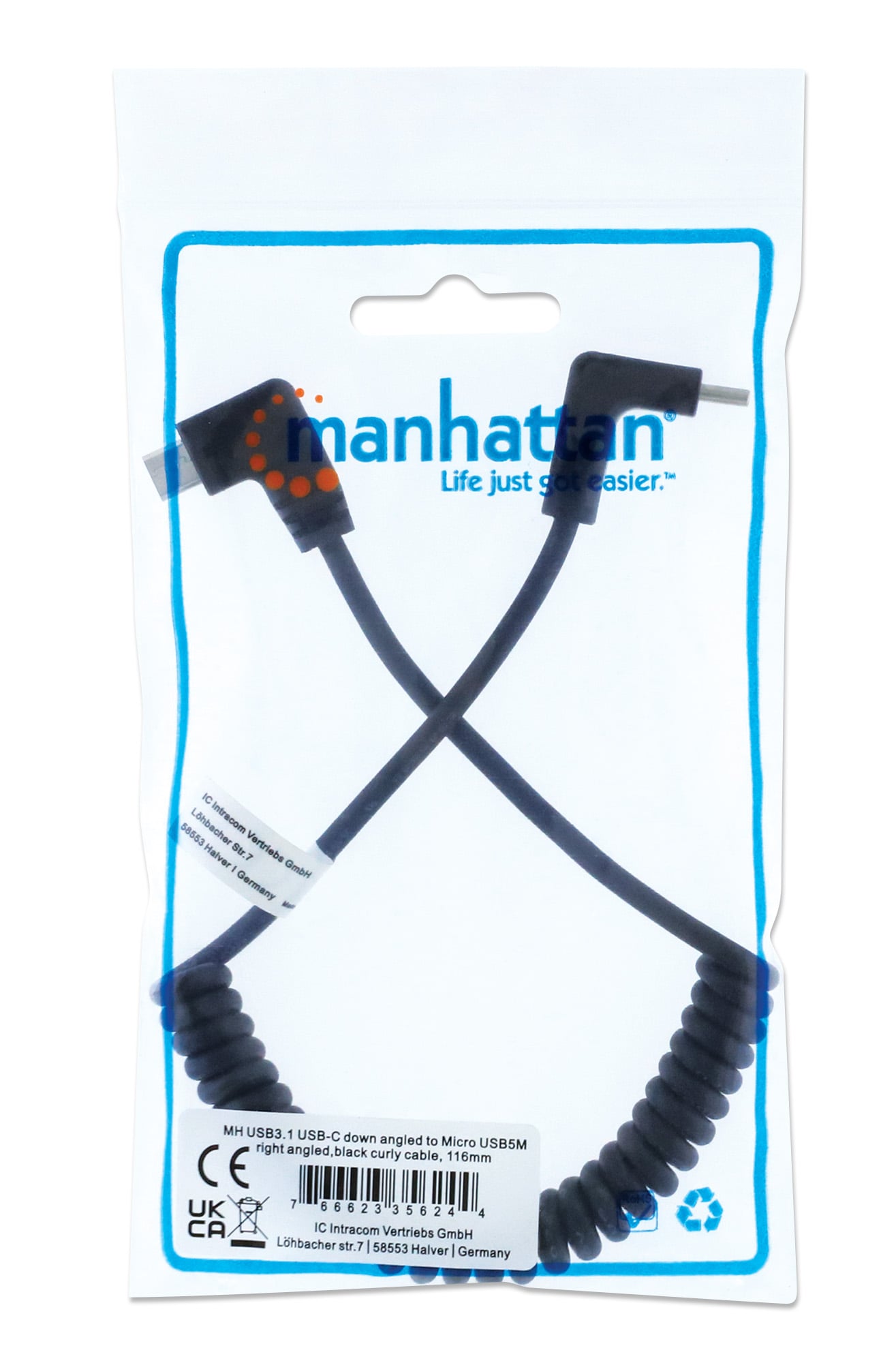 USB-C charging cable to Micro-USB 1 m Spiraled Black - Manhattan ICOC-USB-CHCM-SP