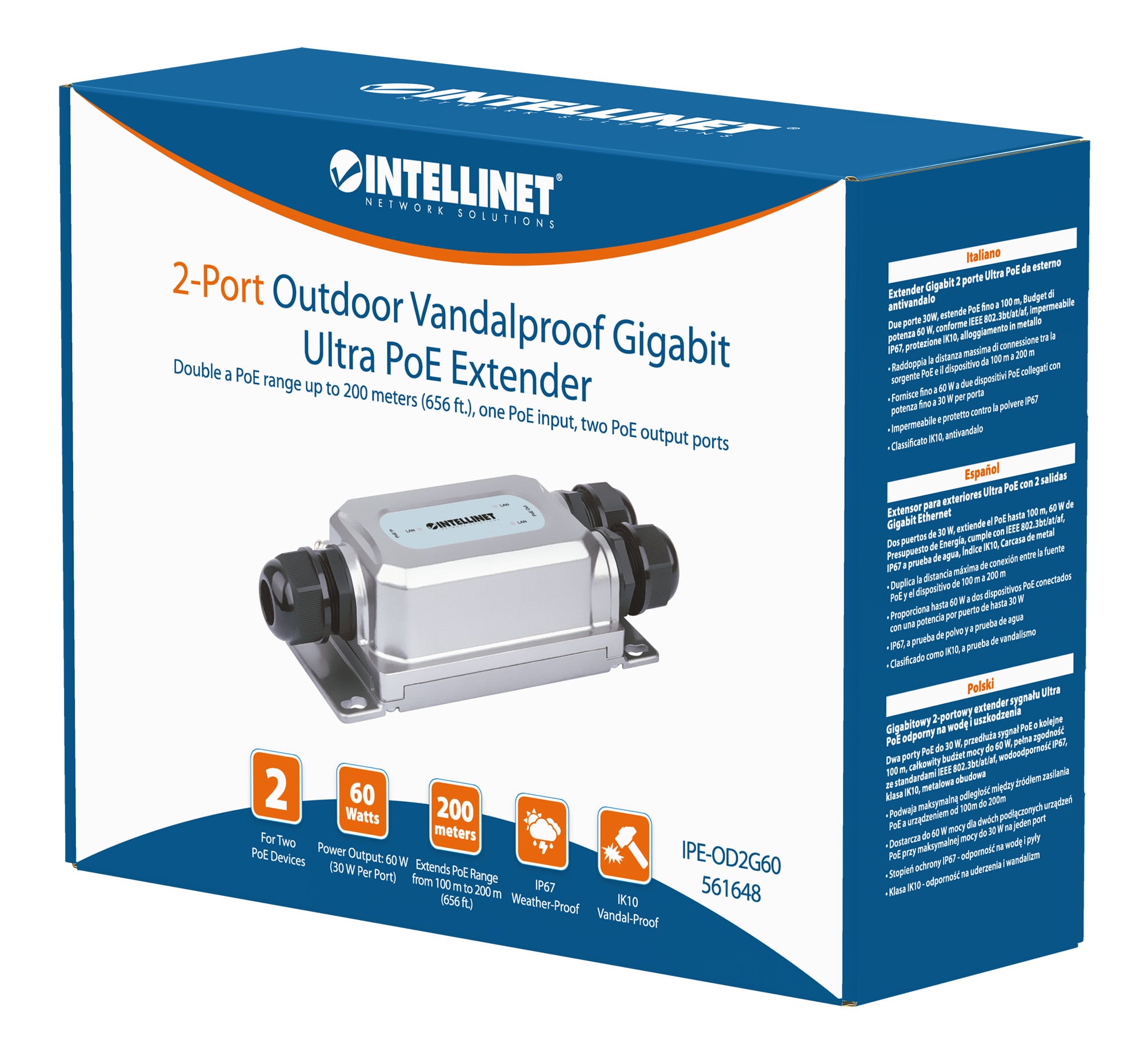 Extender Gigabit 2 porte Ultra PoE per Esterno Antivandalo - Intellinet ICPOE003