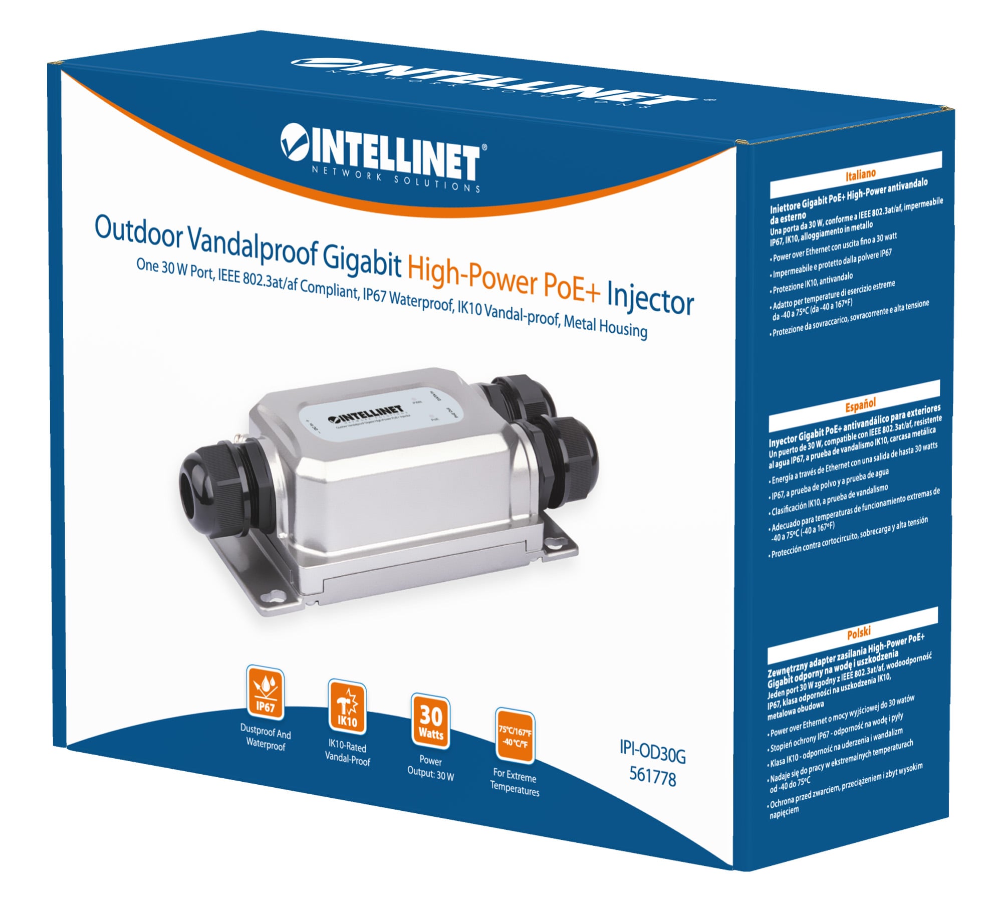 Iniettore Gigabit PoE+ High-Power Antivandalo da Esterno - Intellinet ICPOE004
