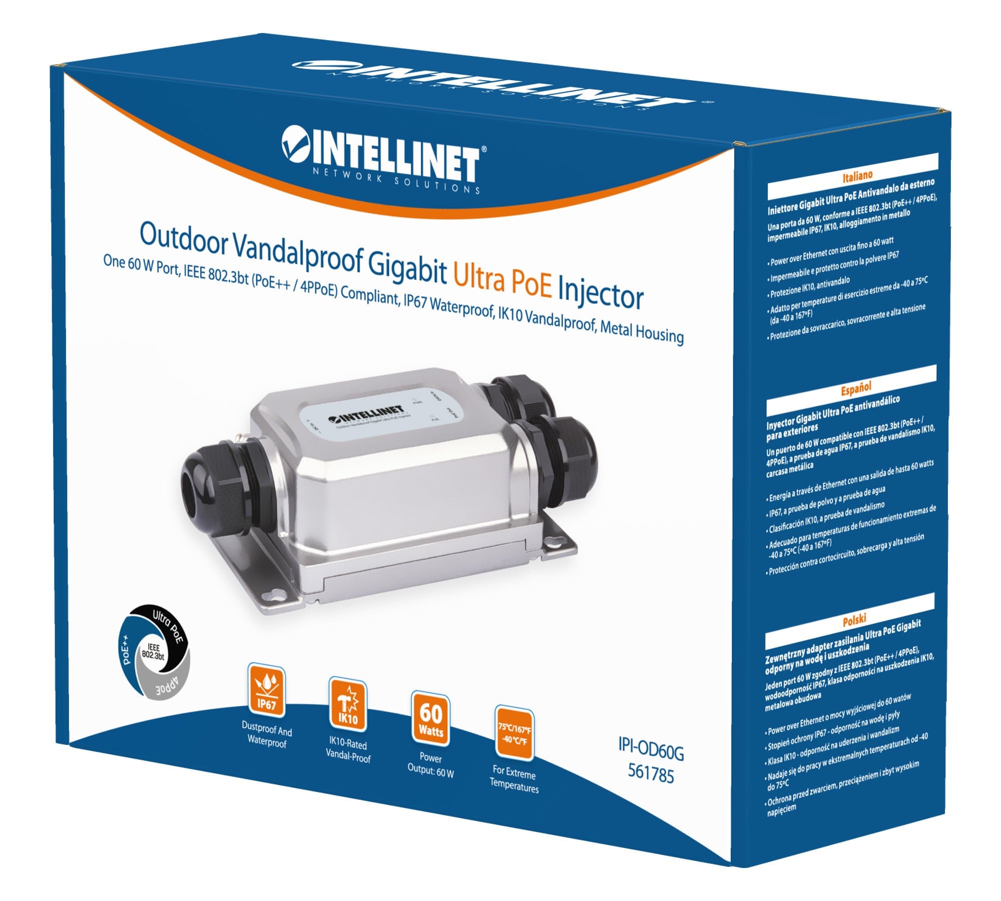 Iniettore Gigabit Ultra PoE Antivandalo da Esterno - Intellinet ICPOE005