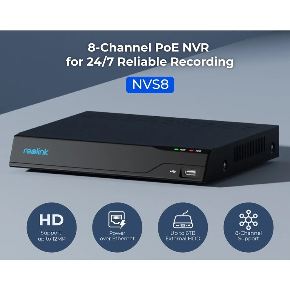 Kit Videosorveglianza NVR PoE 8CH 2TB HDD e 4 Telecamere di Sicurezza PoE, PS2KB02-8 - Reolink ICR-NVS8-5MB4