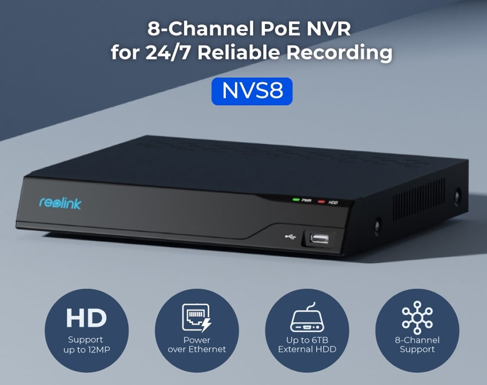 Video recorder NVR 4 K PoE 8 CH 2 TB HDD with HDMI and VGA PN- 8 - Reolink ICR-NVS 8