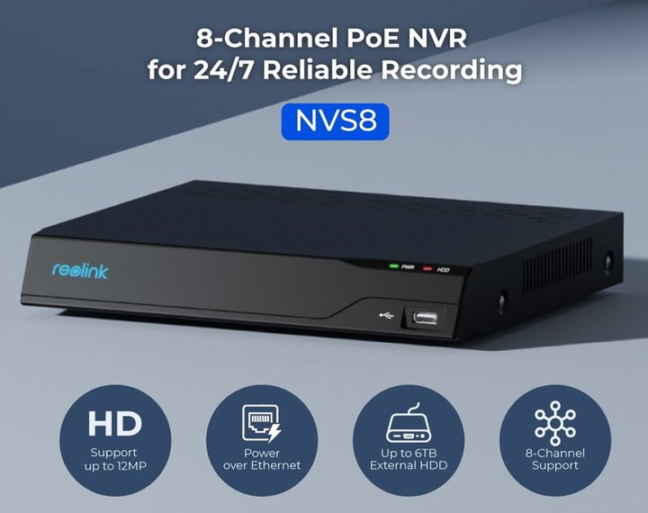 Videoregistratore NVR 4K PoE 8CH 2TB HDD con HDMI e VGA PN-8 - Reolink ICR-NVS8
