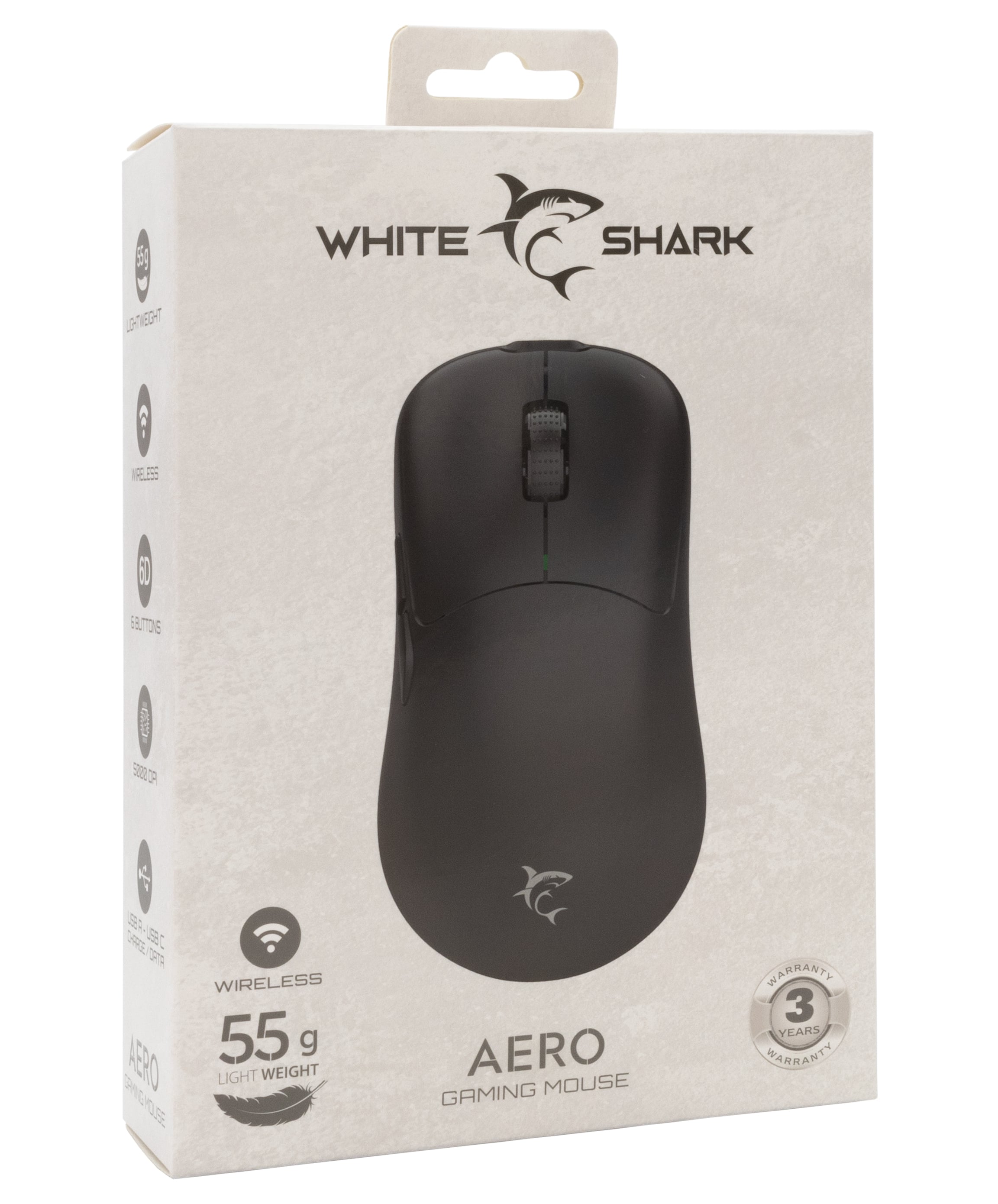 Mouse Ottico Wireless Gaming USB-C™ 6400 dpi Nero, AERO - White Shark ICSB-AEROBK