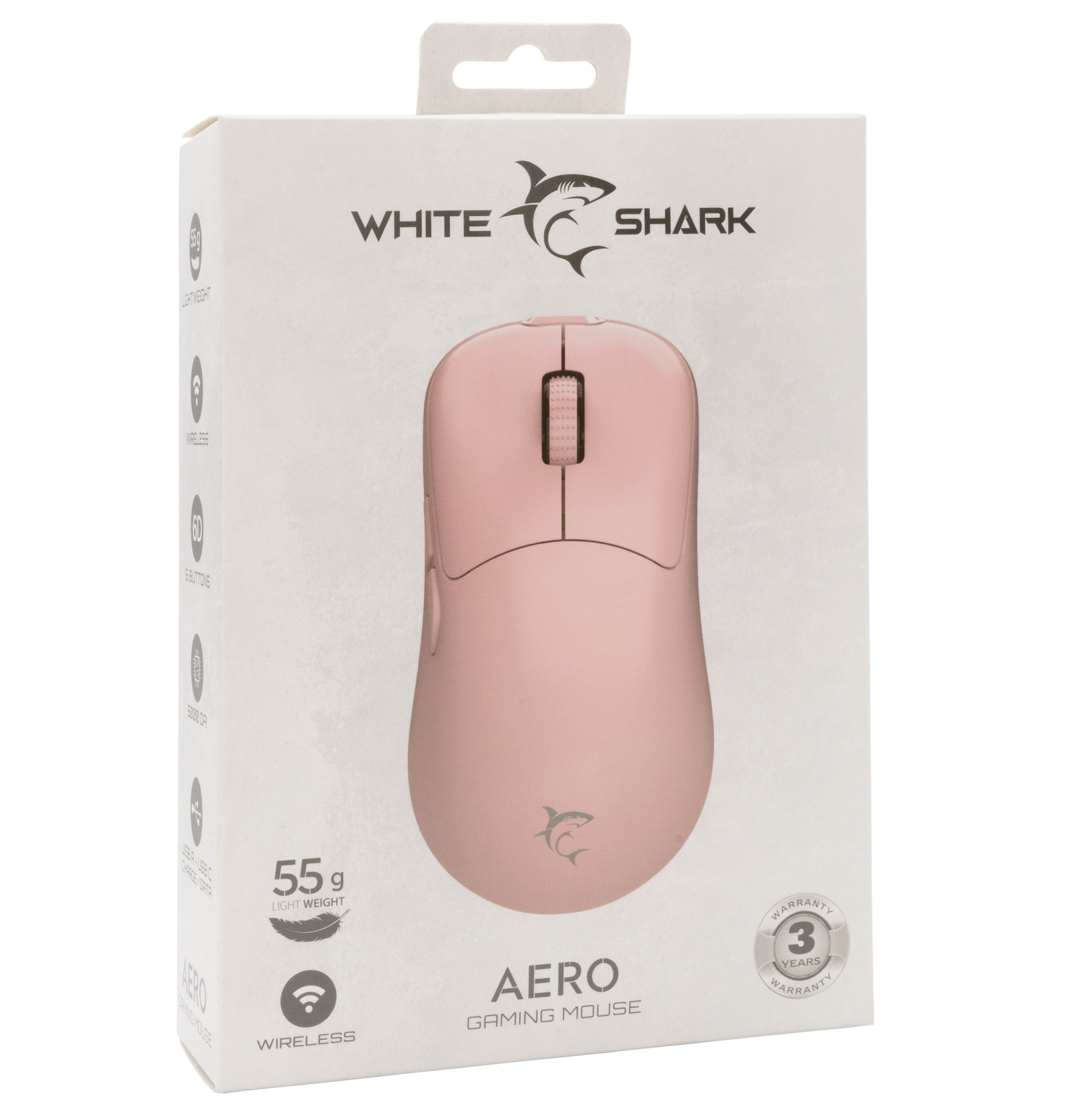 Mouse Ottico Wireless Gaming USB-C™ 6400 dpi Rosa, AERO - White Shark ICSB-AEROPK