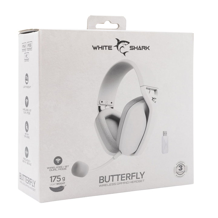 Cuffia Gaming Stereo Wireless con Microfono Staccabile Bianco - White Shark ICSB-BUTTERFLYWH