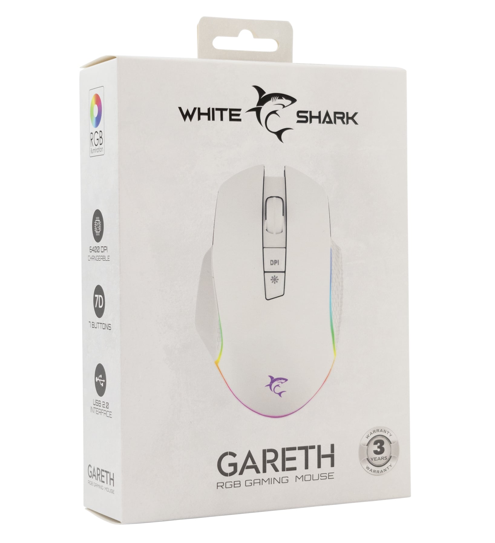 Optical Mouse USB Gaming 6400 Dpi LED Backlight RGB White - White Shark ICSB-GARETHWH
