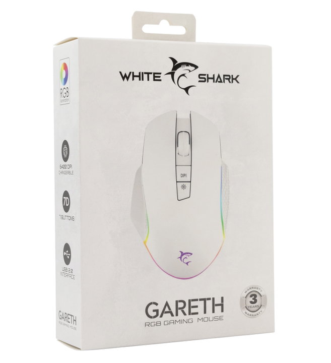 Mouse Ottico USB Gaming 6400 Dpi Retroilluminazione LED RGB Bianco - White Shark ICSB-GARETHWH