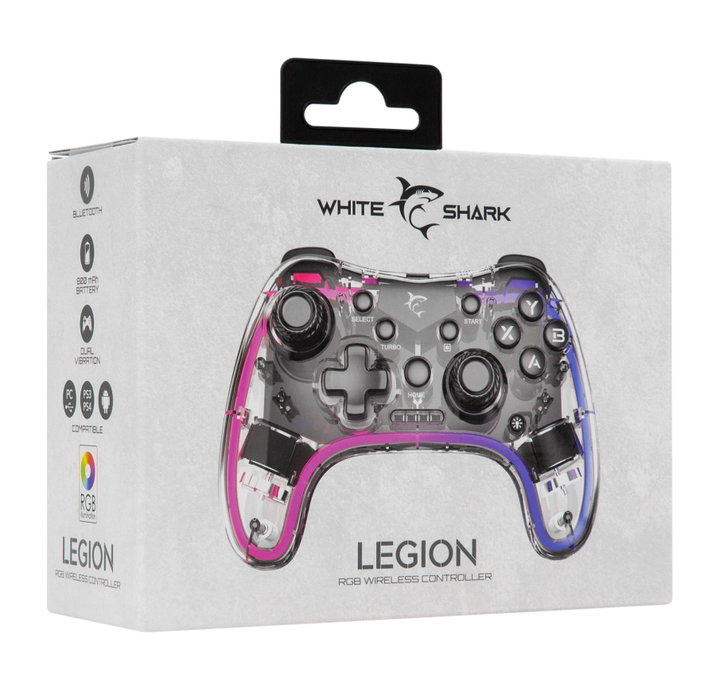 Joypad Controller di Gioco con Retroilluminazione LED e Doppia Vibrazione USB-C e Bluetooth - White Shark ICSB-GPW8039T
