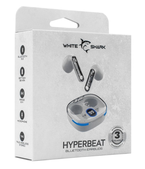 Wireless Bluetooth v 5.3 Headsets with Charging Case LED Display White - White Shark ICSB-HYPERBEATW