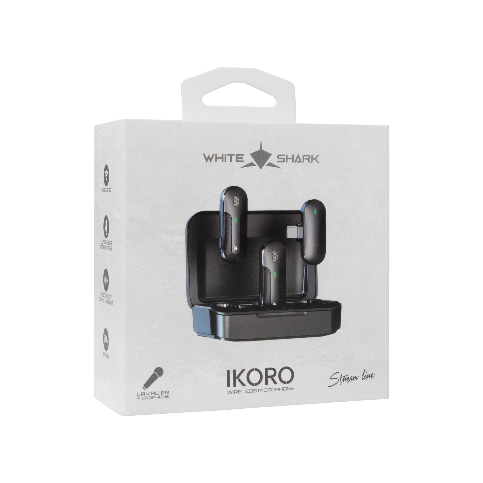 Set 2 Mini Microfoni Lavalier Wireless con Ricevitore USB-C™ e Custodia di Ricarica, IKORO - White Shark ICSB-IKORO