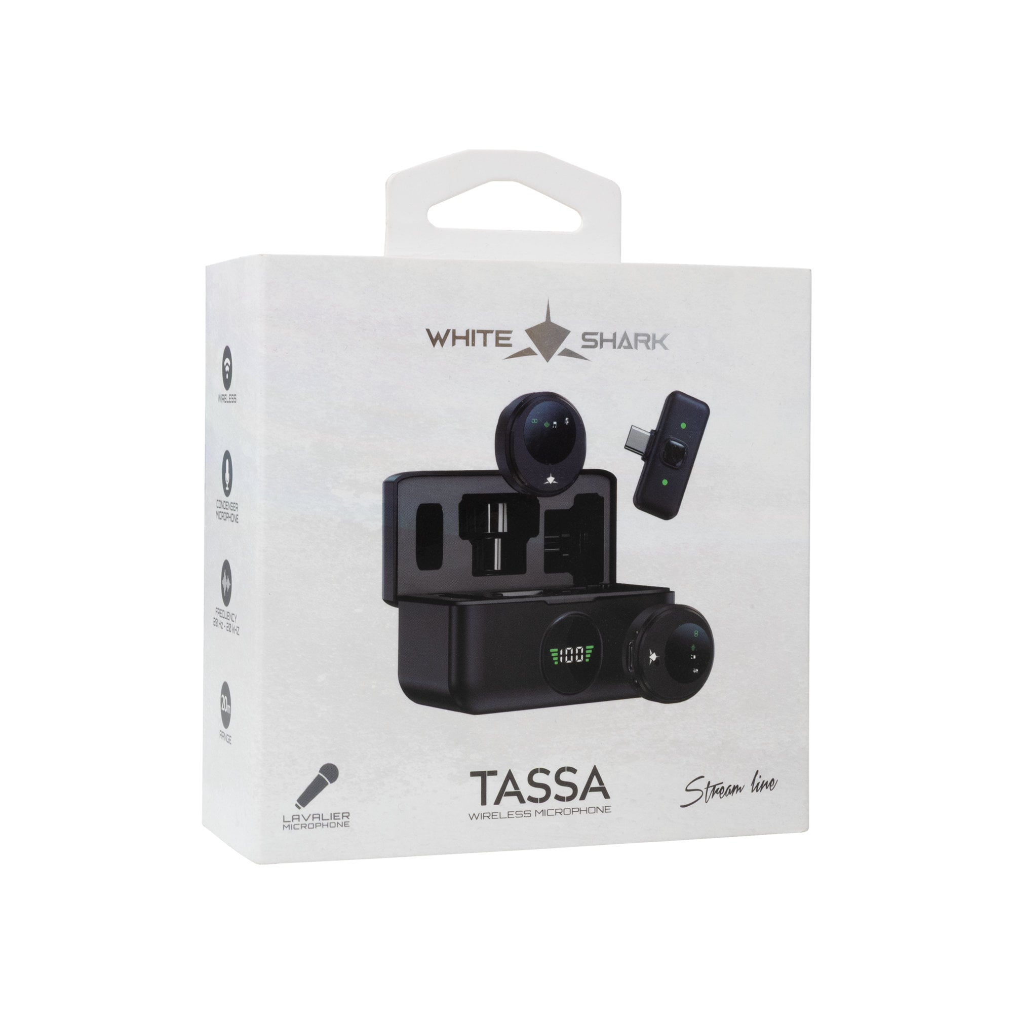 Set 2 Mini Microfoni Lavalier Wireless con Ricevitore USB-C™ e Custodia di Ricarica, TASSA - White Shark ICSB-TASSA