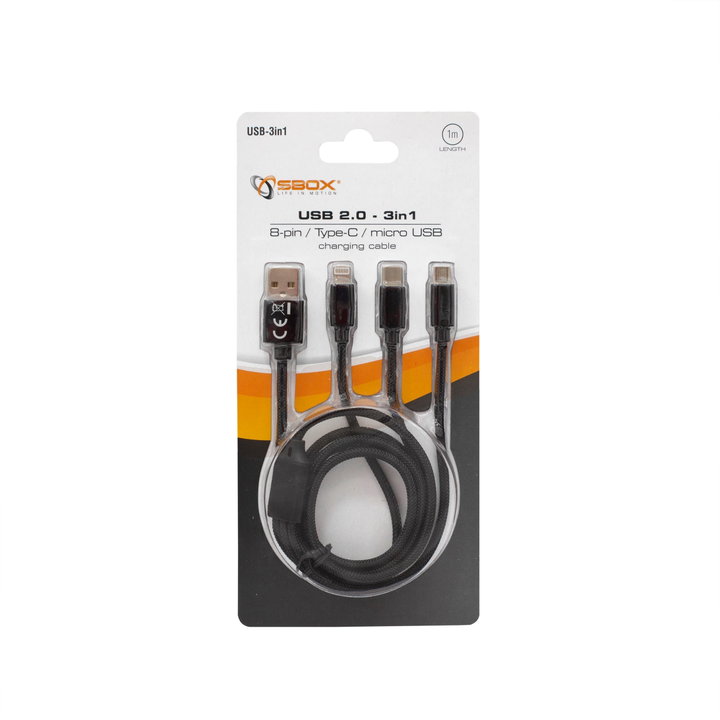Multi Cavo di Ricarica da USB tipo A a USB-C MicroUSB e 8-pin 1m Nero - Sbox ICSB-USB3IN1