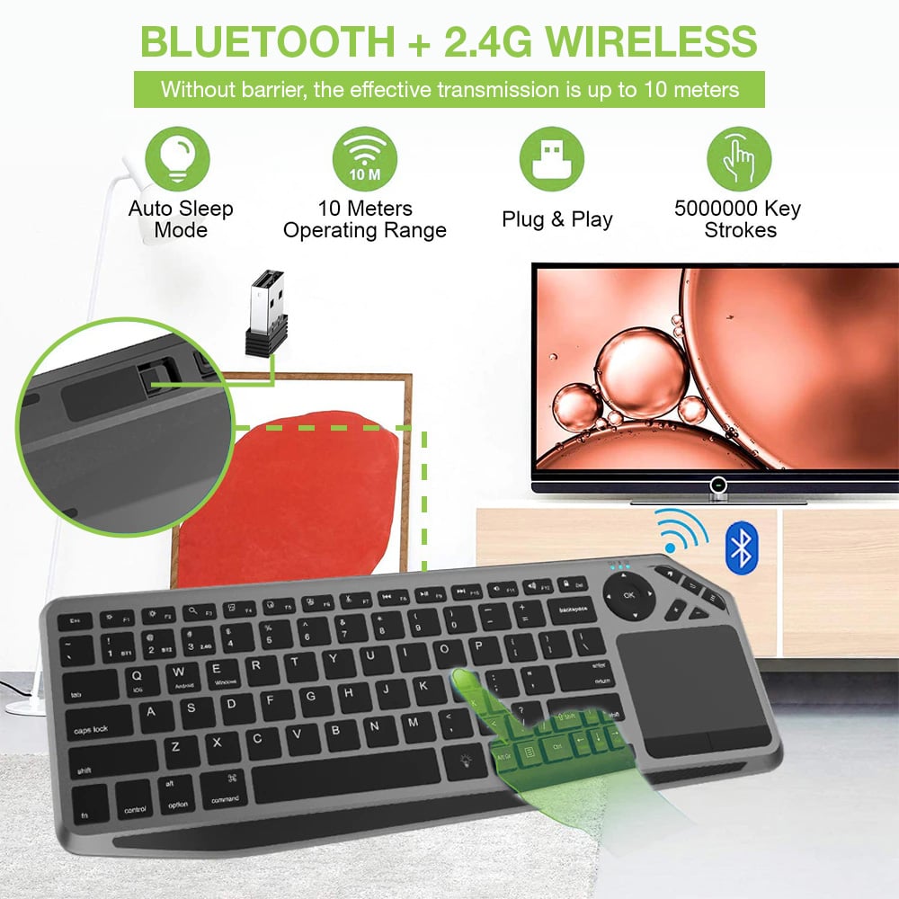 Tastiera Wireless Dual Mode Bluetooth & 2.4G per Smart TV Retroilluminata con Touchpad - Techly ICTB9801TB