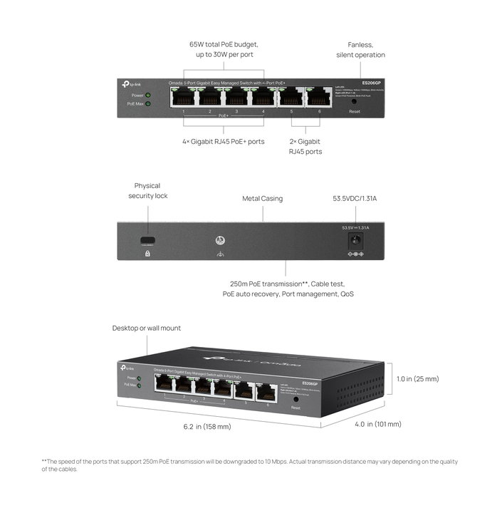Switch 6 Porte Gigabit Easy Managed con 4 Porte PoE+, ES206GP - Omada ICTP-ES206GP