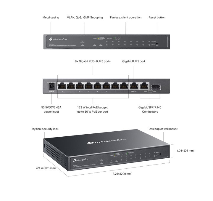 Switch 10 Porte Gigabit Easy Managed con 8 Porte PoE+, 1 SFP, 123W, ES210GMP - Omada ICTP-ES210GMP