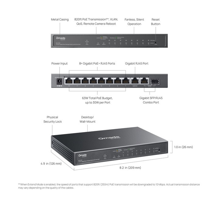 Switch 10 Porte Gigabit Easy Managed con 8 Porte PoE+, 1 SFP/RJ45 Combo, ES210GP - Omada ICTP-ES210GP