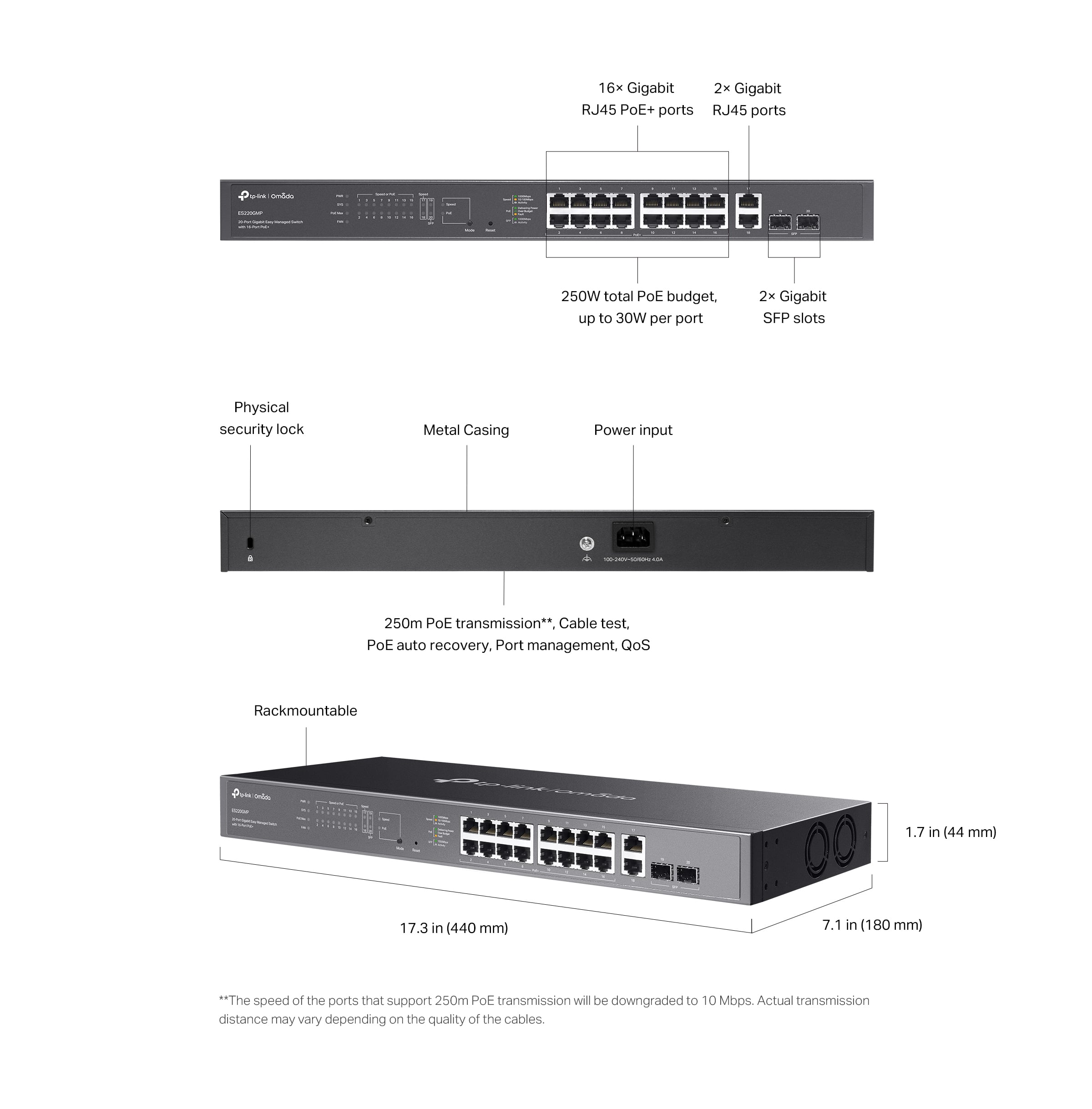 Switch 20 Gigabit Doors Easy Managed with 16 Doors PoE+ and 2 SFP, 250 W - Omada ICTP-ES 220 GMP