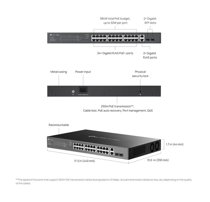 Switch 28 Porte Gigabit Easy Managed con 24 Porte PoE+, 2 SFP, 384W - Omada ICTP-ES228GMP