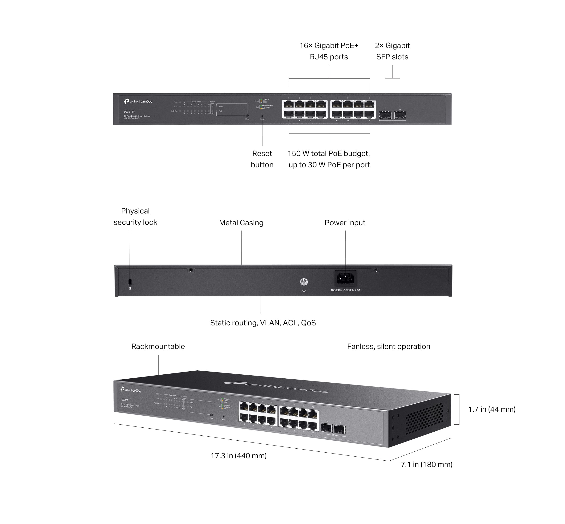 Switch Smart 16 Gigabit PoE+, 2 SFP - Omada ICTP-SG 2218 P