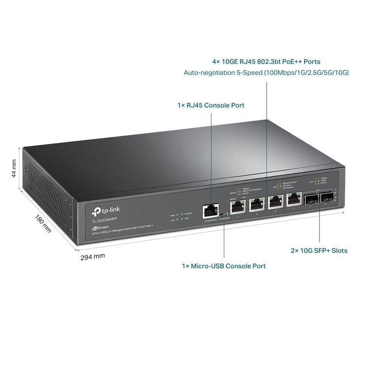Switch Managed L2+ con 2 Porte 10 GE SFP+ e 4 Porte 10GE PoE++ Jet Stream - TP-Link ICTP-TL-SX3206HPP